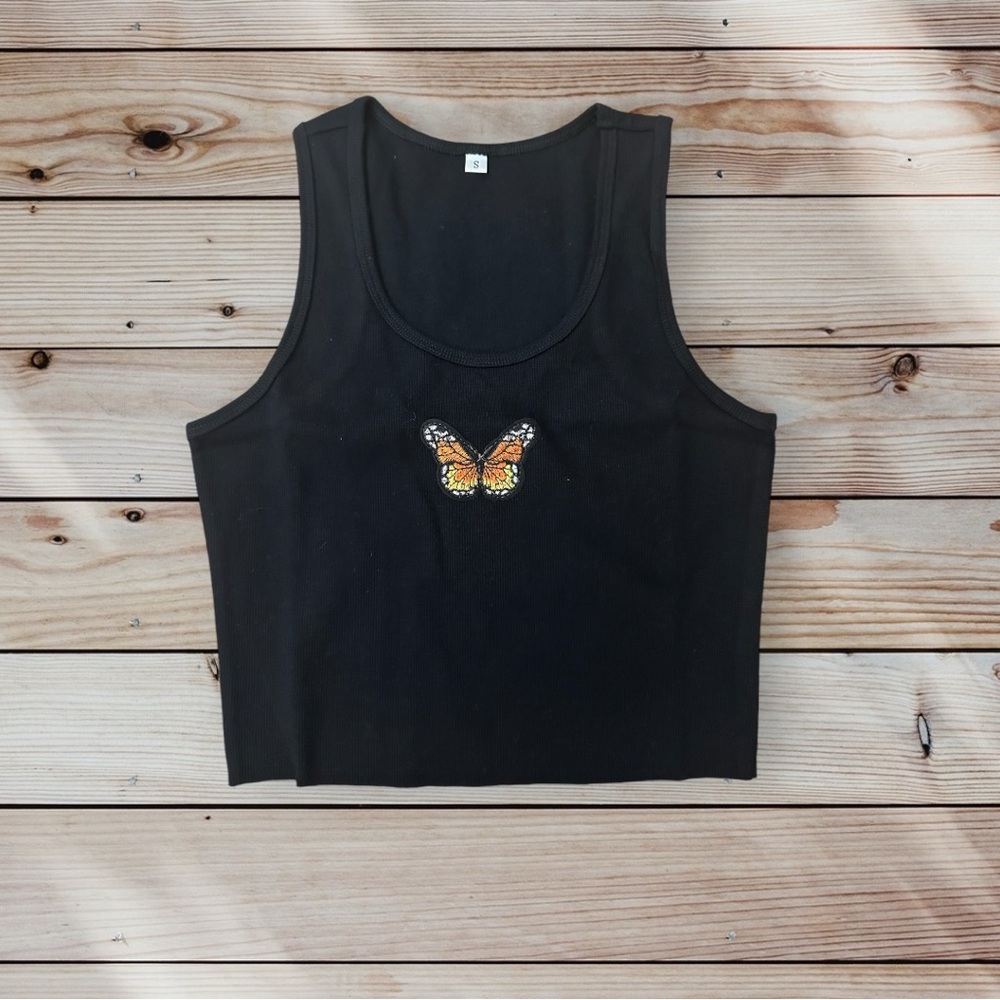 Orange Butterfly Black Cropped Tank